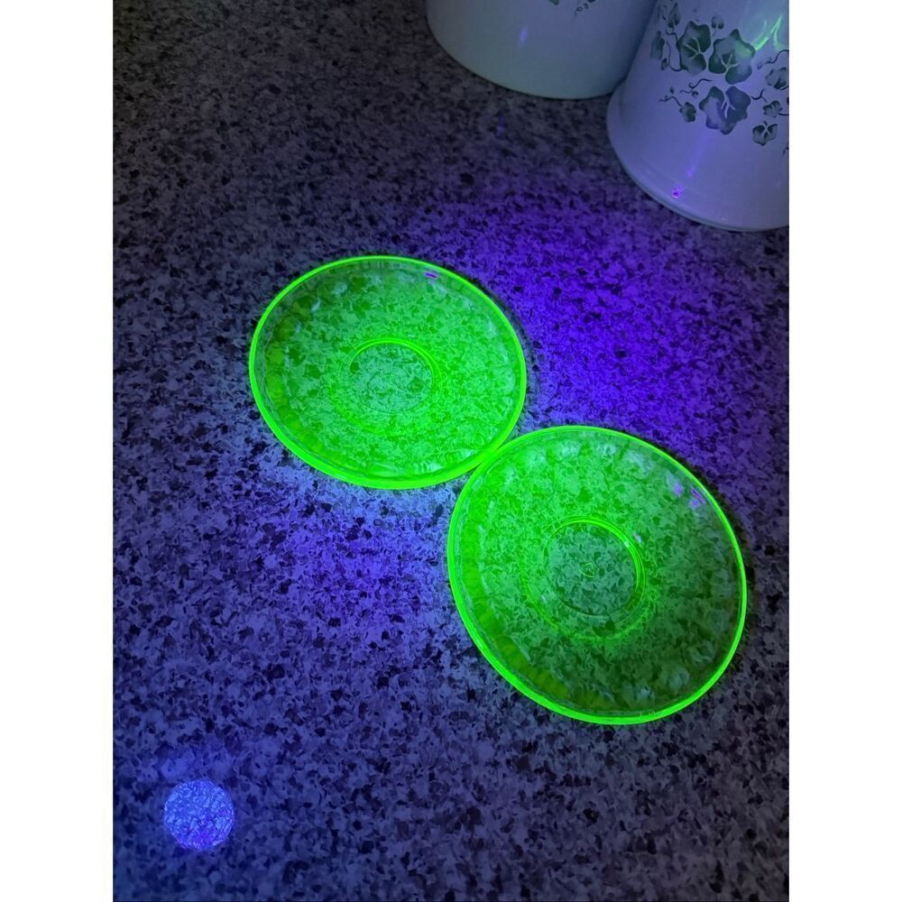 Vintage Federal Green Depression Uranium Glass Saucers Plates 5.5 Inch Set of 2